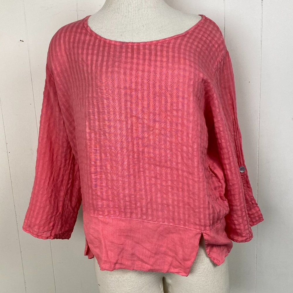 Linnea Peach Tab Sleeve Linen Blend Blouse Small